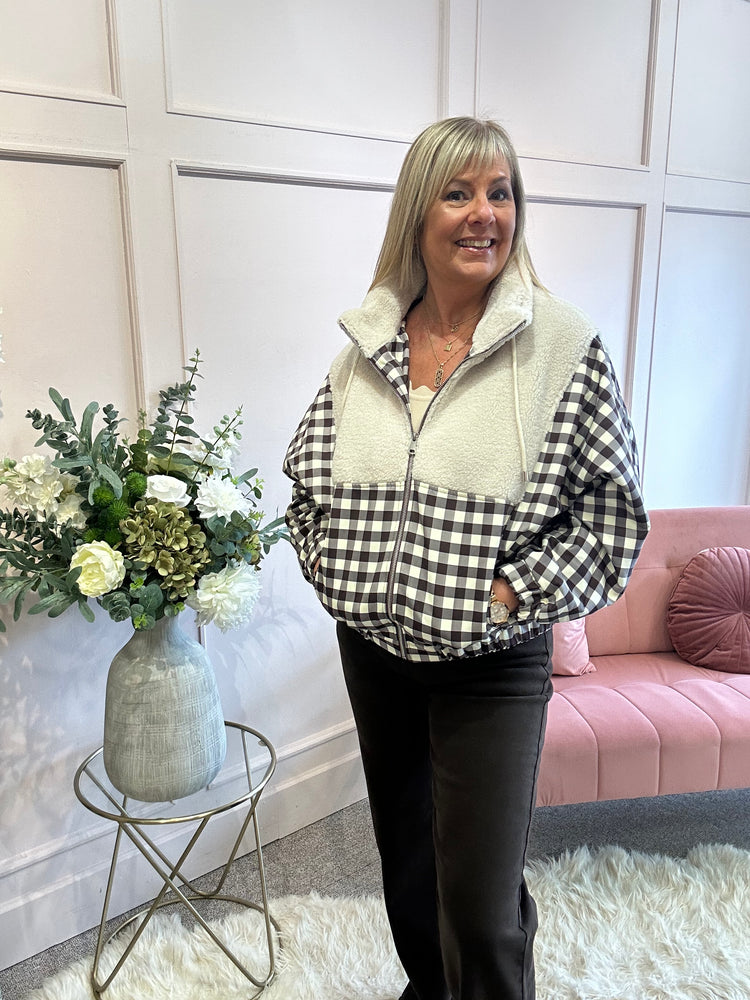 Cream Teddy With Gingham Bomber - Cream/Brown