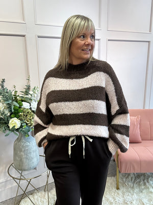 Chunky Striped Knitted Jumper - Brown/Pink
