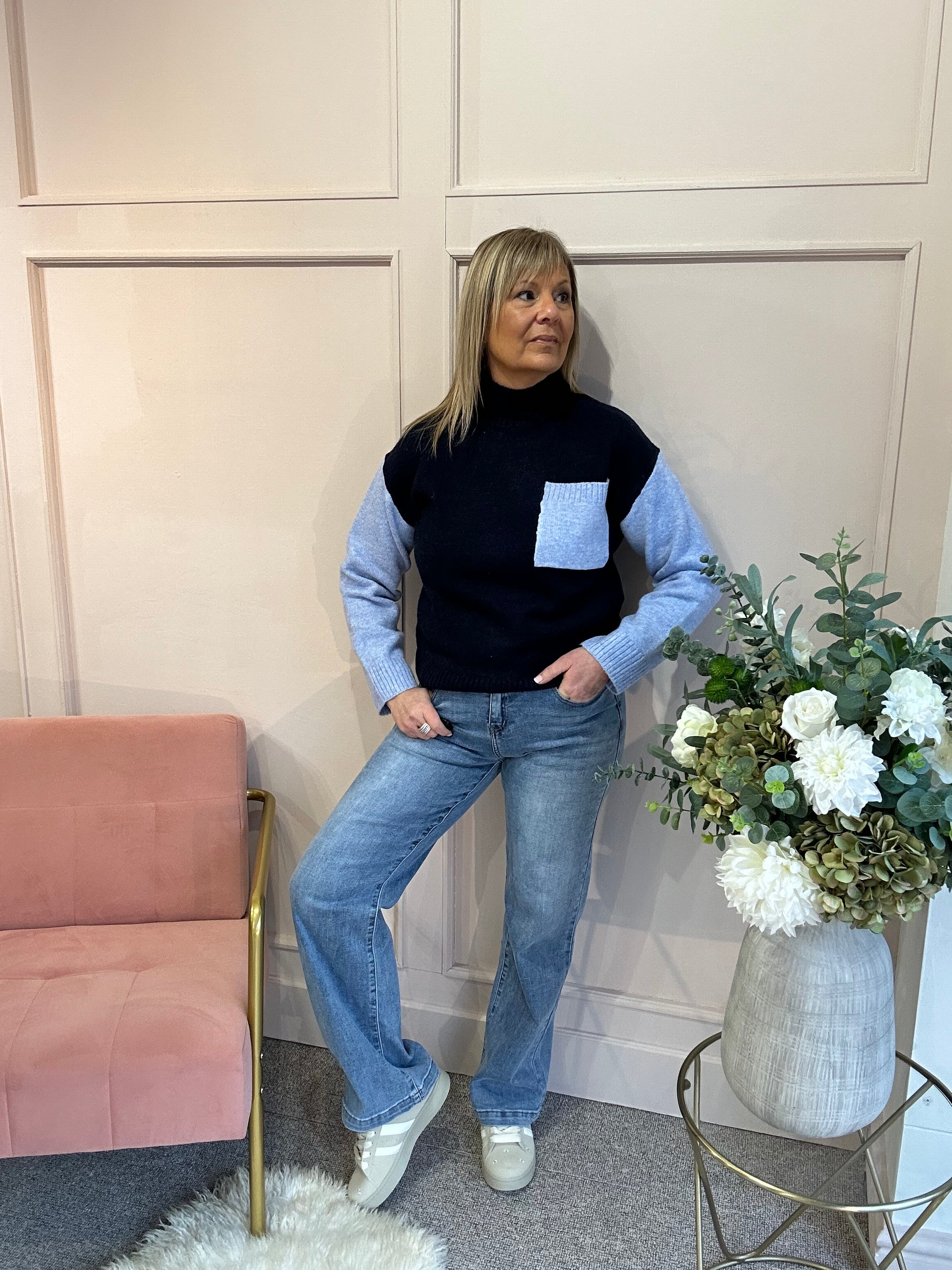 Turtle Neck Jumper -Navy/Power Blue