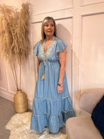Boho Cap Sleeved Embroidered Dress - Mid Blue - Wardrobe By Simone