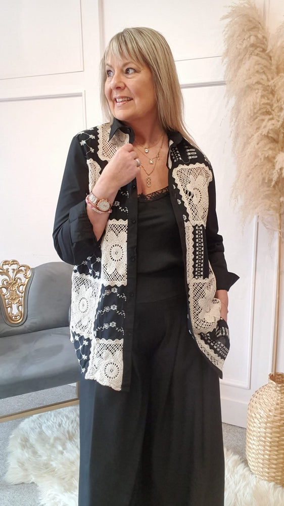 Embroidered Panel Front Detail Shirt - Black