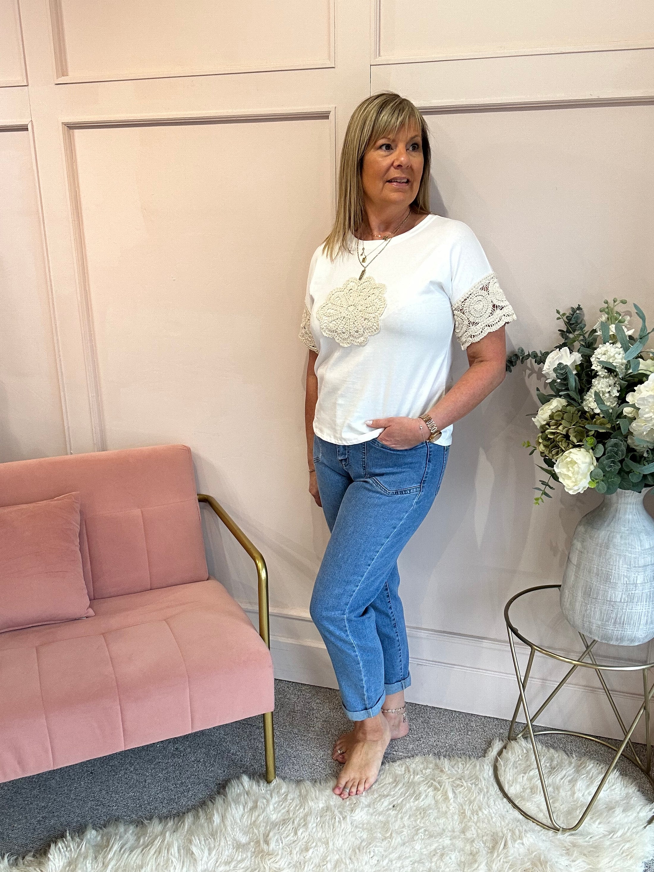 Crochet Beige Flower T Shirt  - White/Cream - Wardrobe By Simone