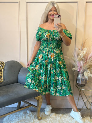 Floral Print Midi Dress - Greens - Wardrobe By Simone