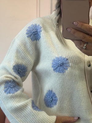 Buttoned Flowered Cardigan - Cream/ Powder Blue