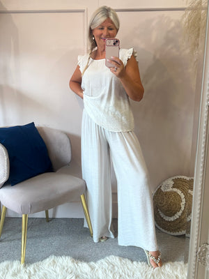 Frill Edged Top & Wide Pant Set - Light Cream