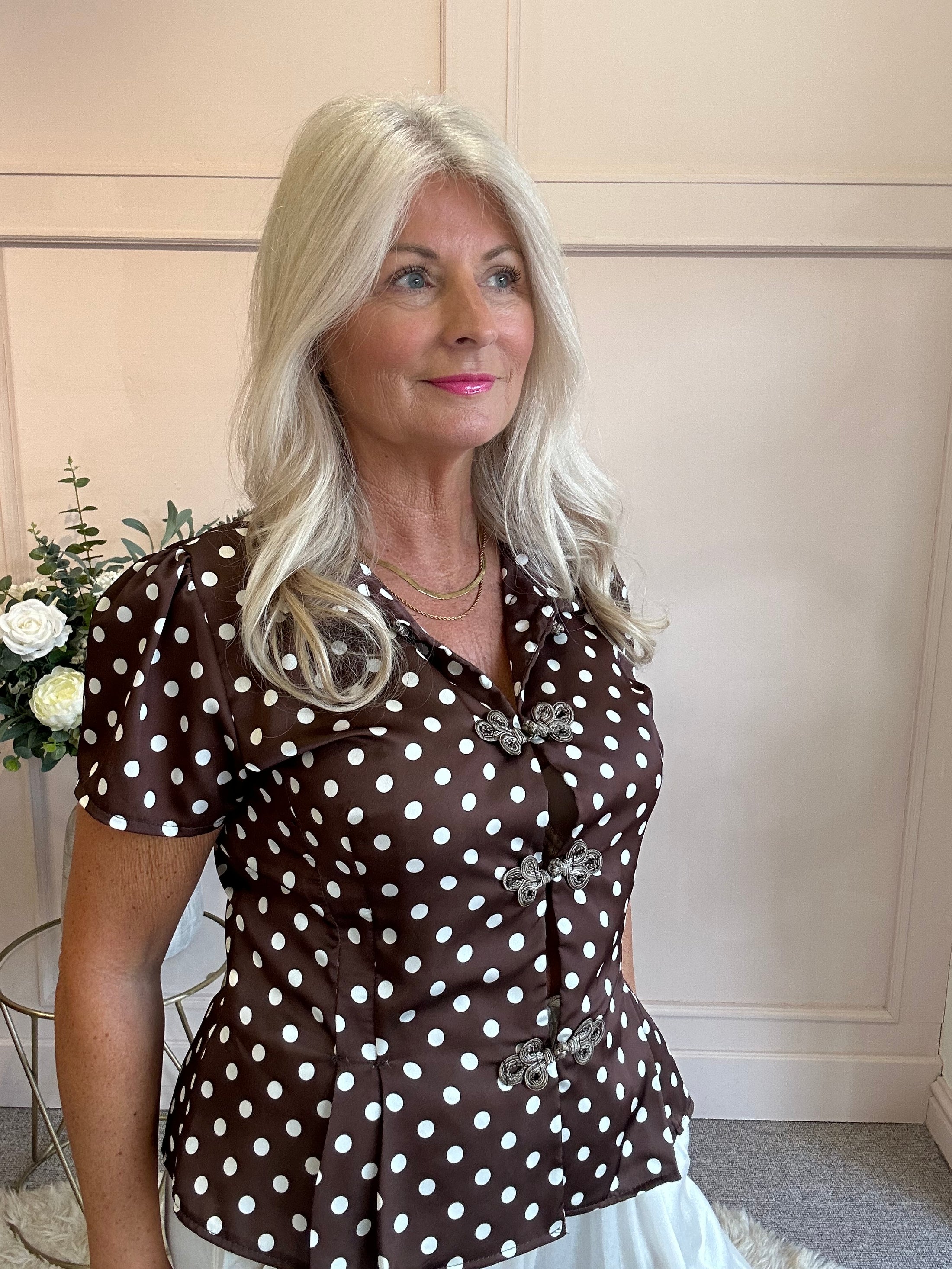 Spotty Collared Shirt Blouse - Brown/White - Wardrobe By Simone