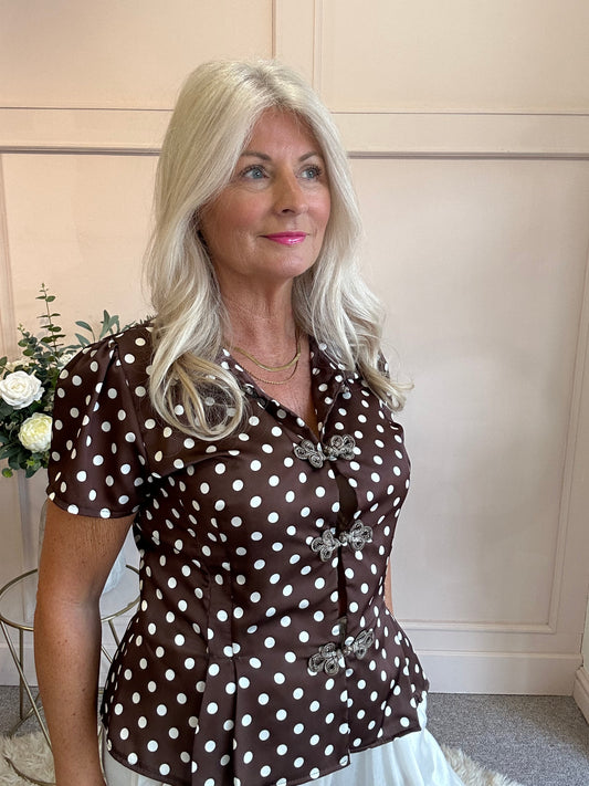 Spotty Collared Shirt Blouse - Brown/White - Wardrobe By Simone