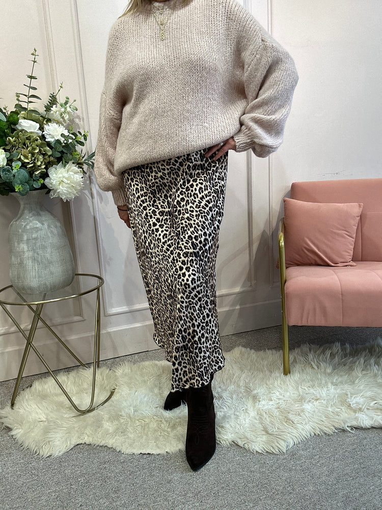 Satin Leopard Maxi Skirt - Brown/Black