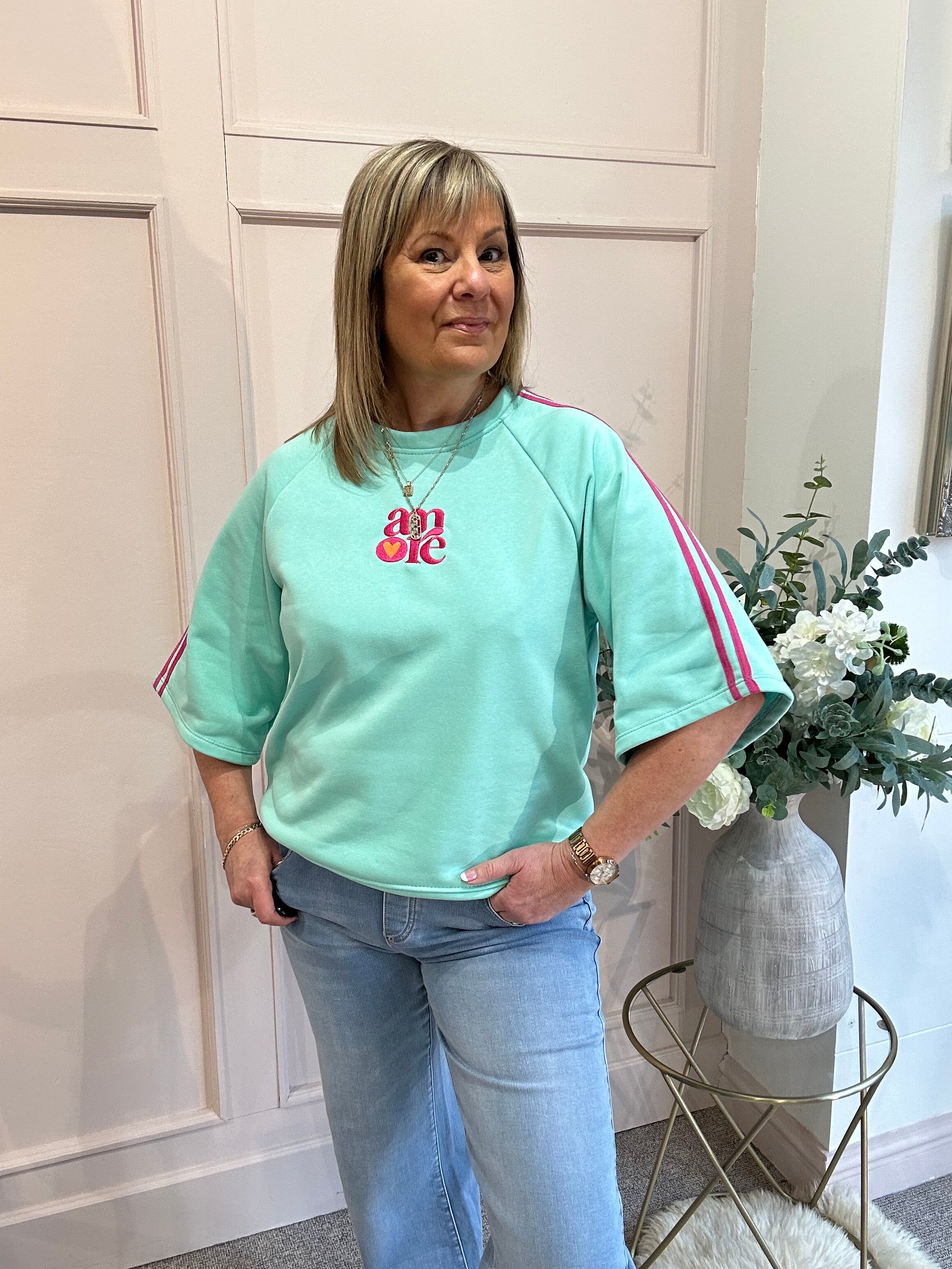 Amore Sweatshirt Jumper - Mint/Fuchsia - Wardrobe By Simone