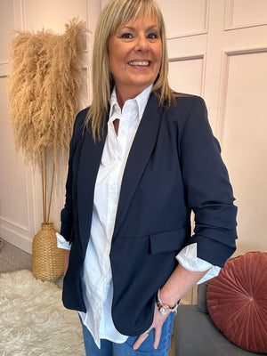 Ruffle Sleeved Blazer - Navy