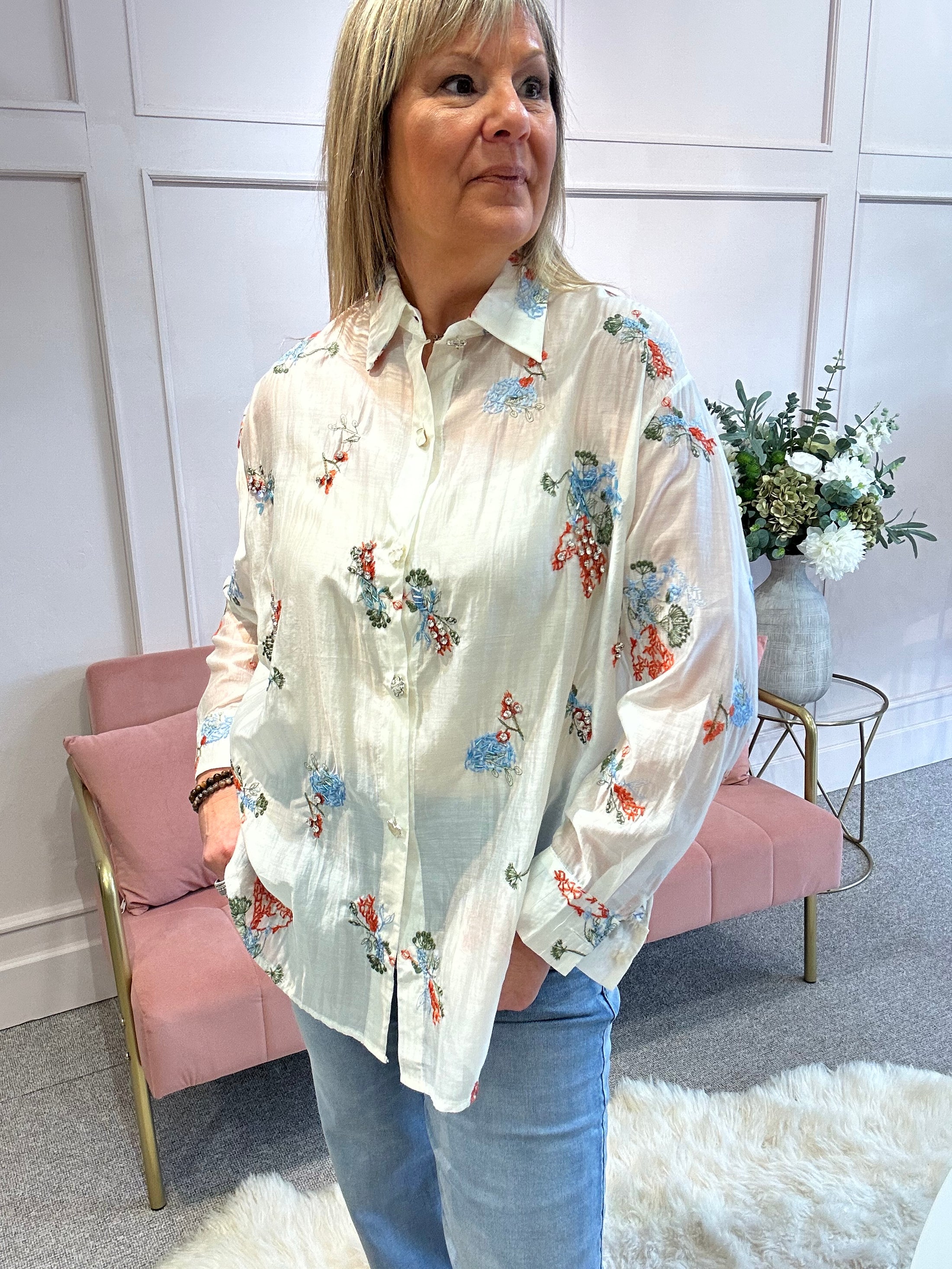 Embroidered Floral & Sparkle Shirt  - Soft Cream - Wardrobe By Simone