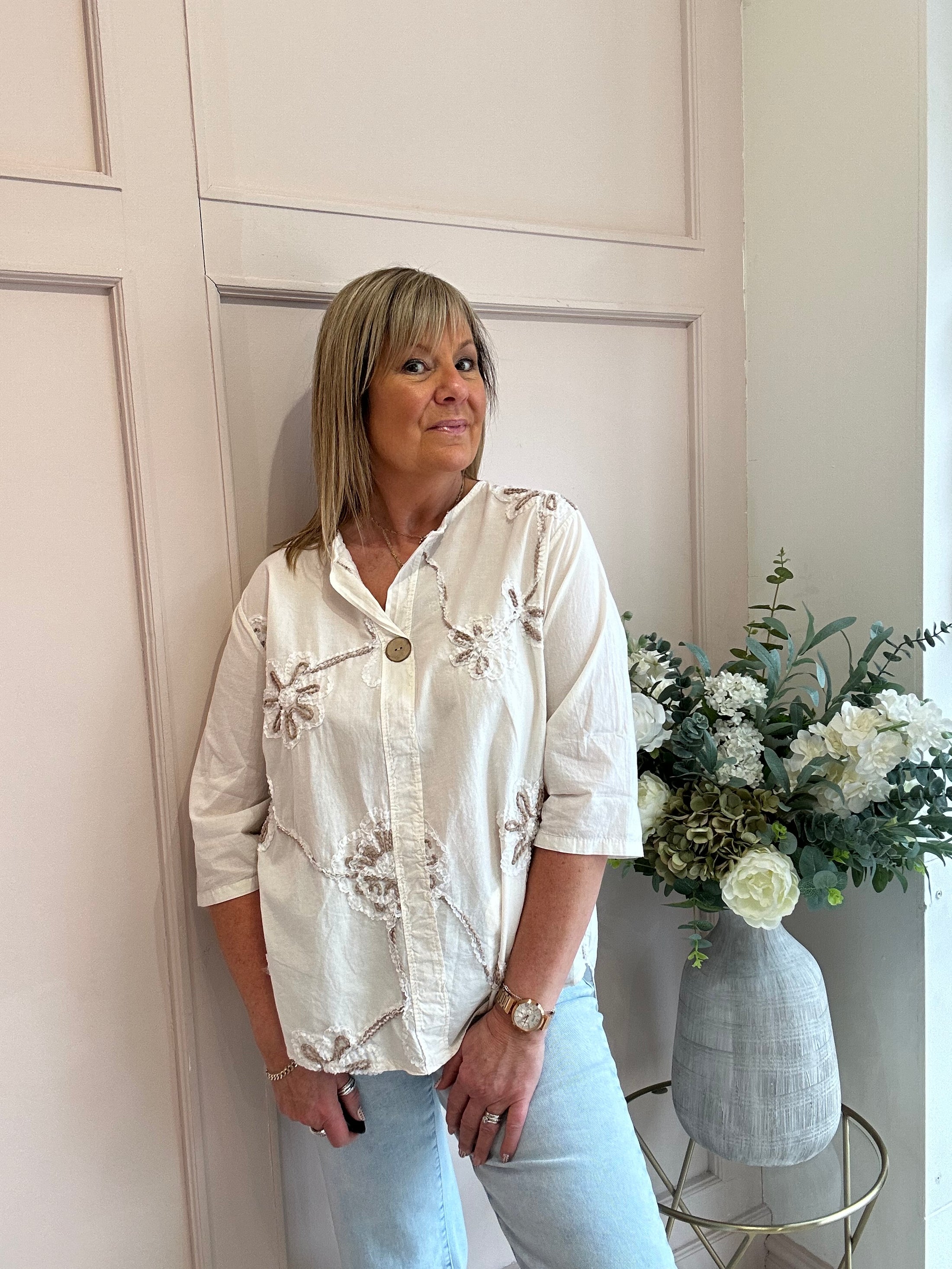 Pretty Applique Flower Shirt  - Soft Cream - Wardrobe By Simone