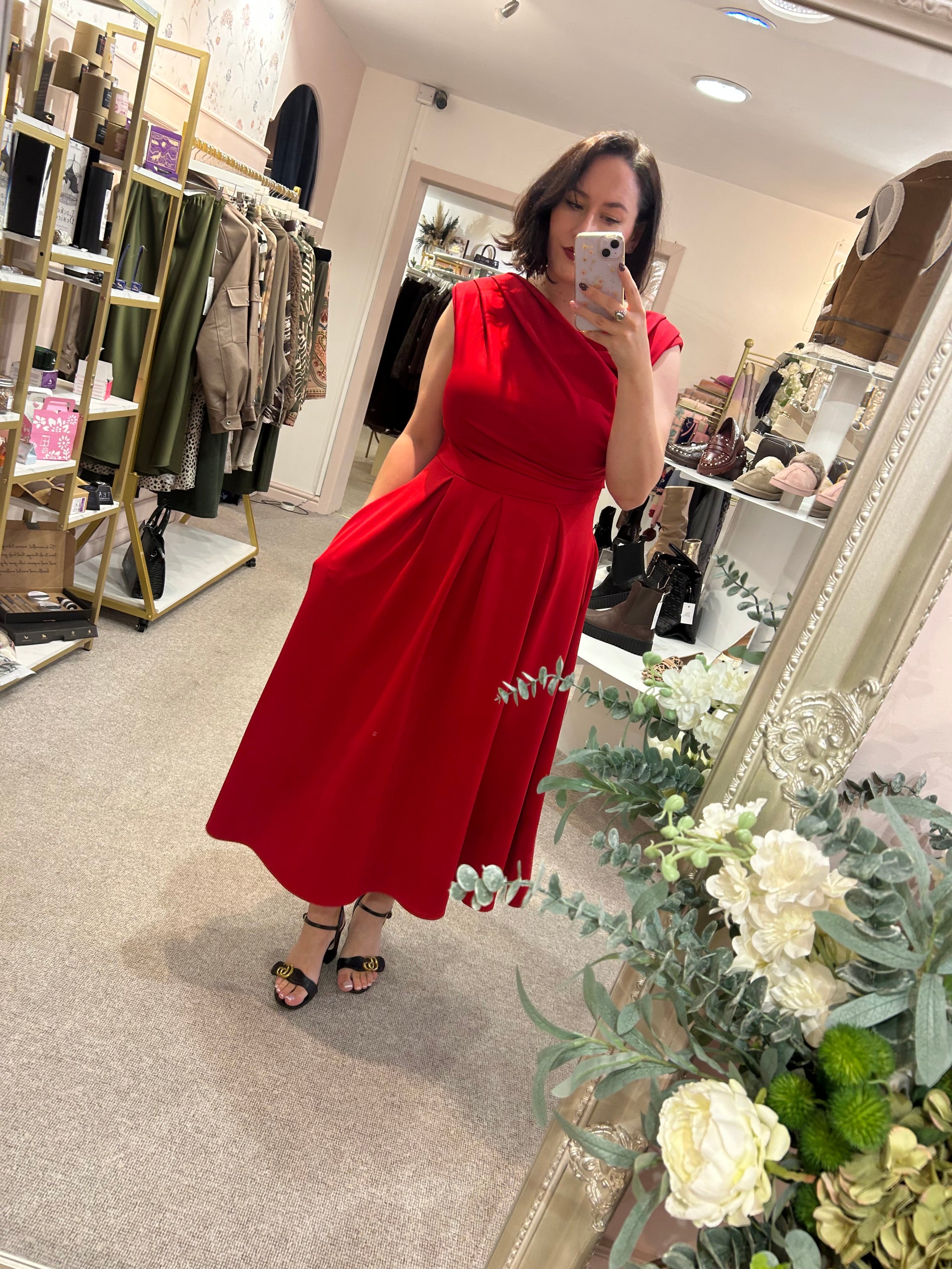 Asymmetric Neckline Skater Dress - Red