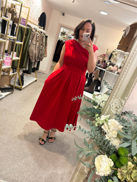 Asymmetric Neckline Skater Dress - Red