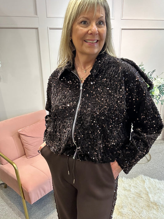 Shimmer Sequin Zipped Jacket - Browns