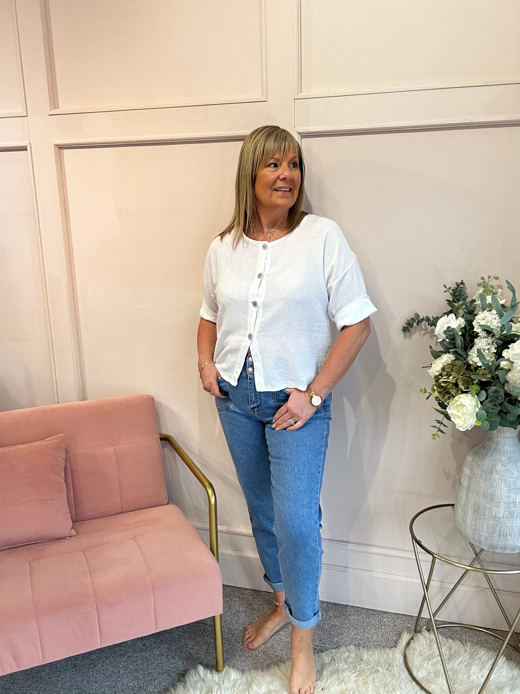 Cotton Buttoned Top  - White - Wardrobe By Simone