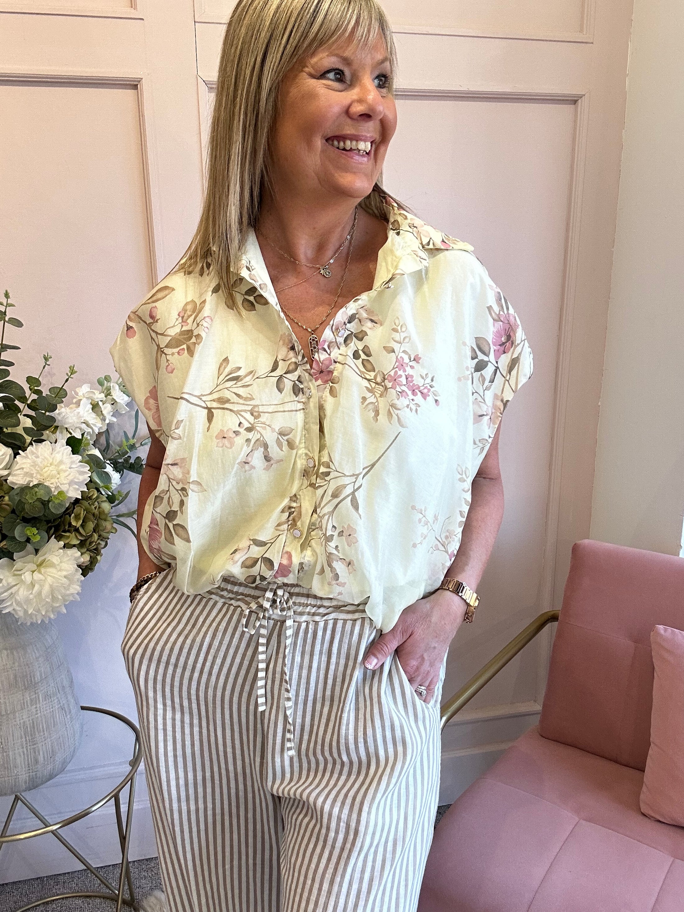 Floral Detailed Buttoned Top  - Soft Lemon - Wardrobe By Simone