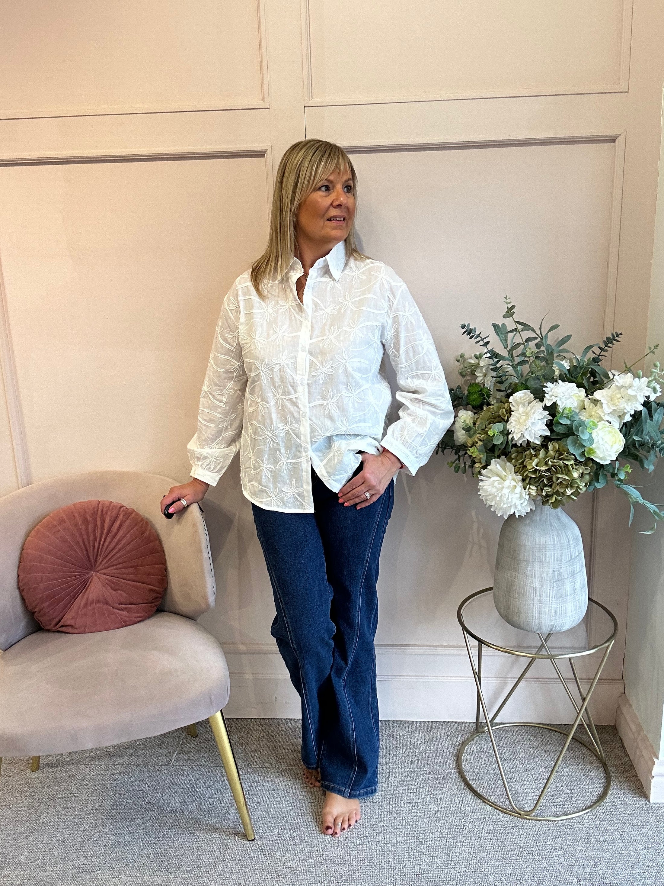Flower Embroidered  Shirt - White