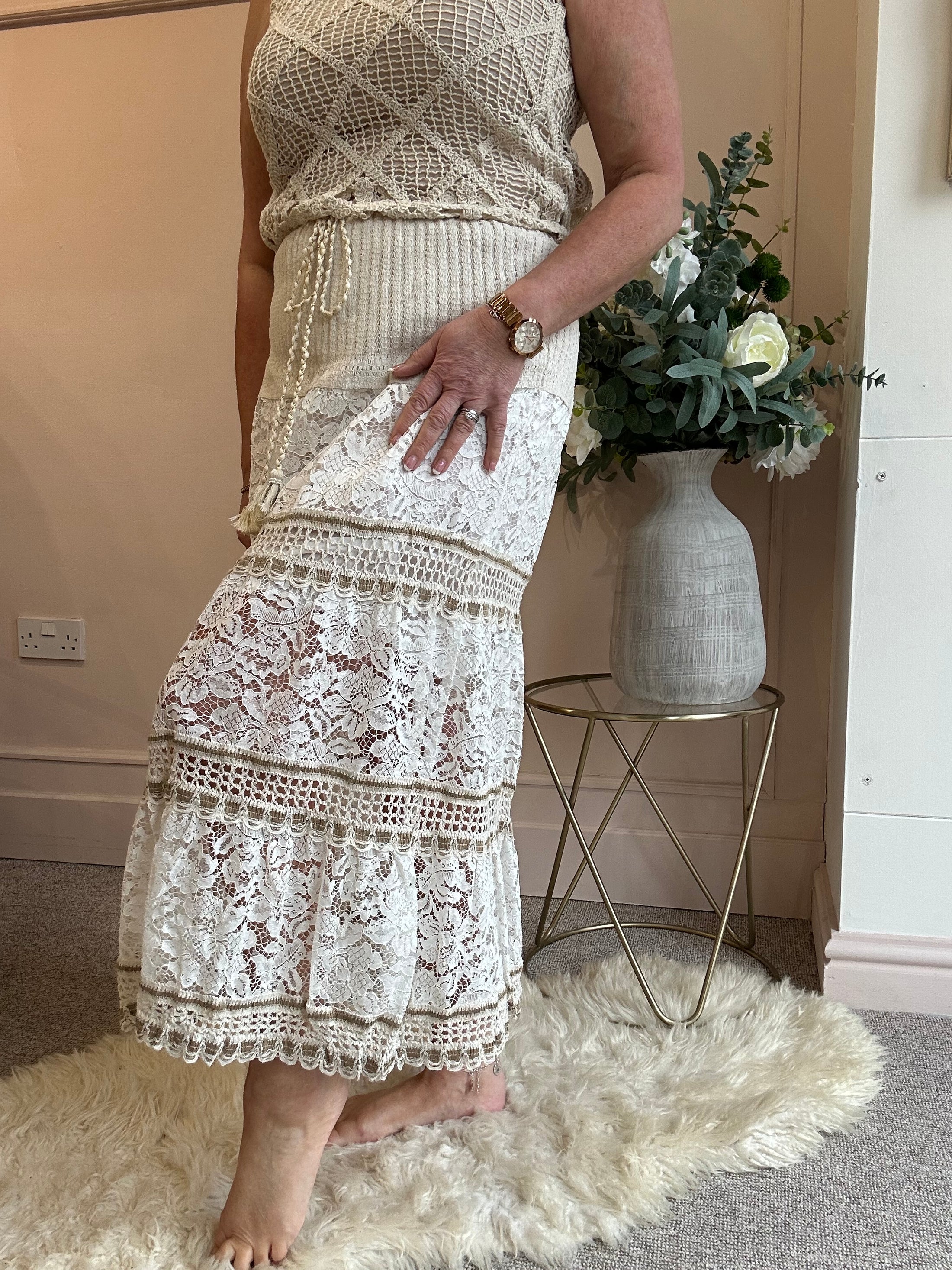 Lace & Crochet Gypsy Skirt - White/Cream - Wardrobe By Simone