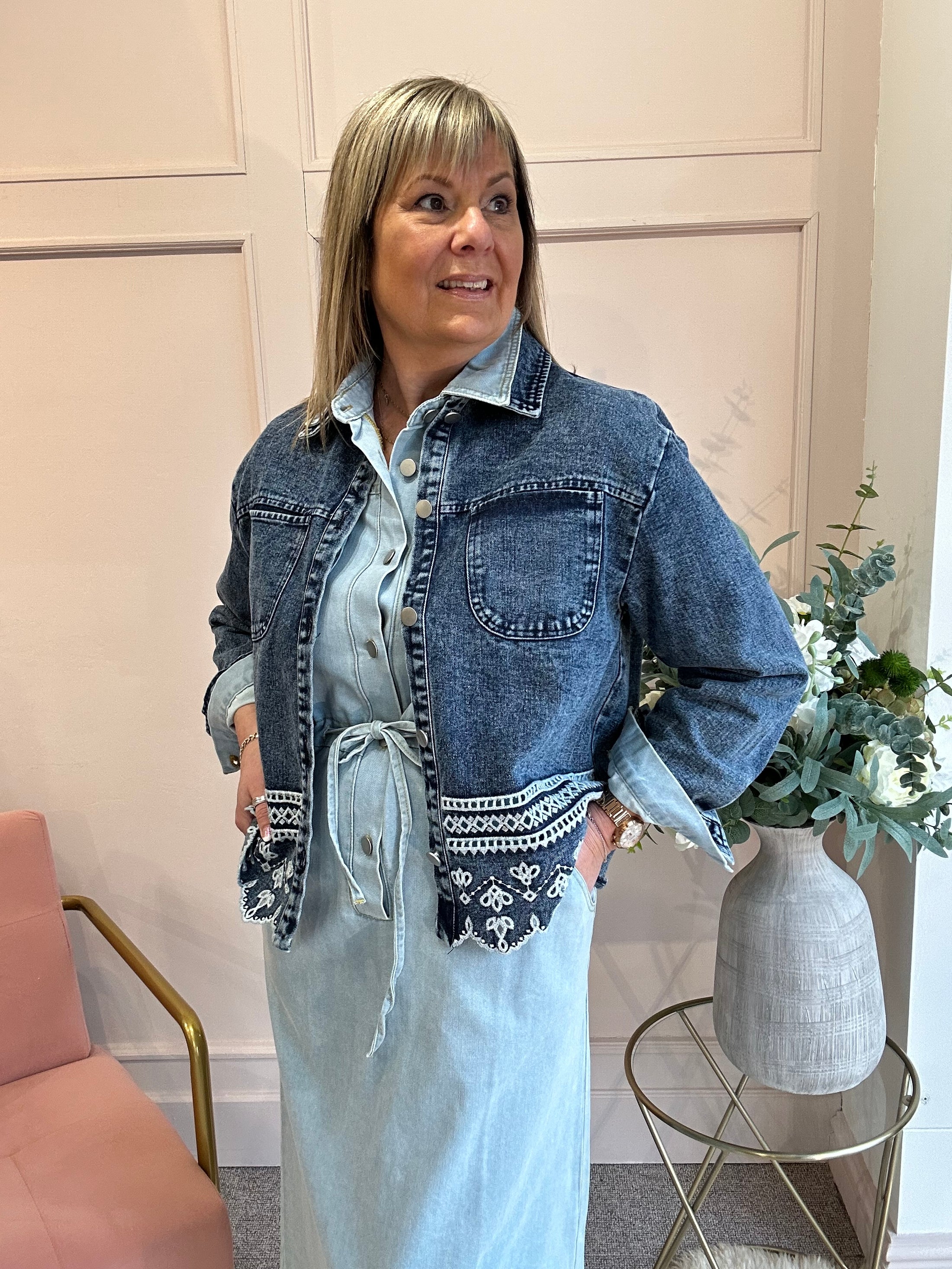 Embroidered Denim Jacket - Denim Blue - Wardrobe By Simone