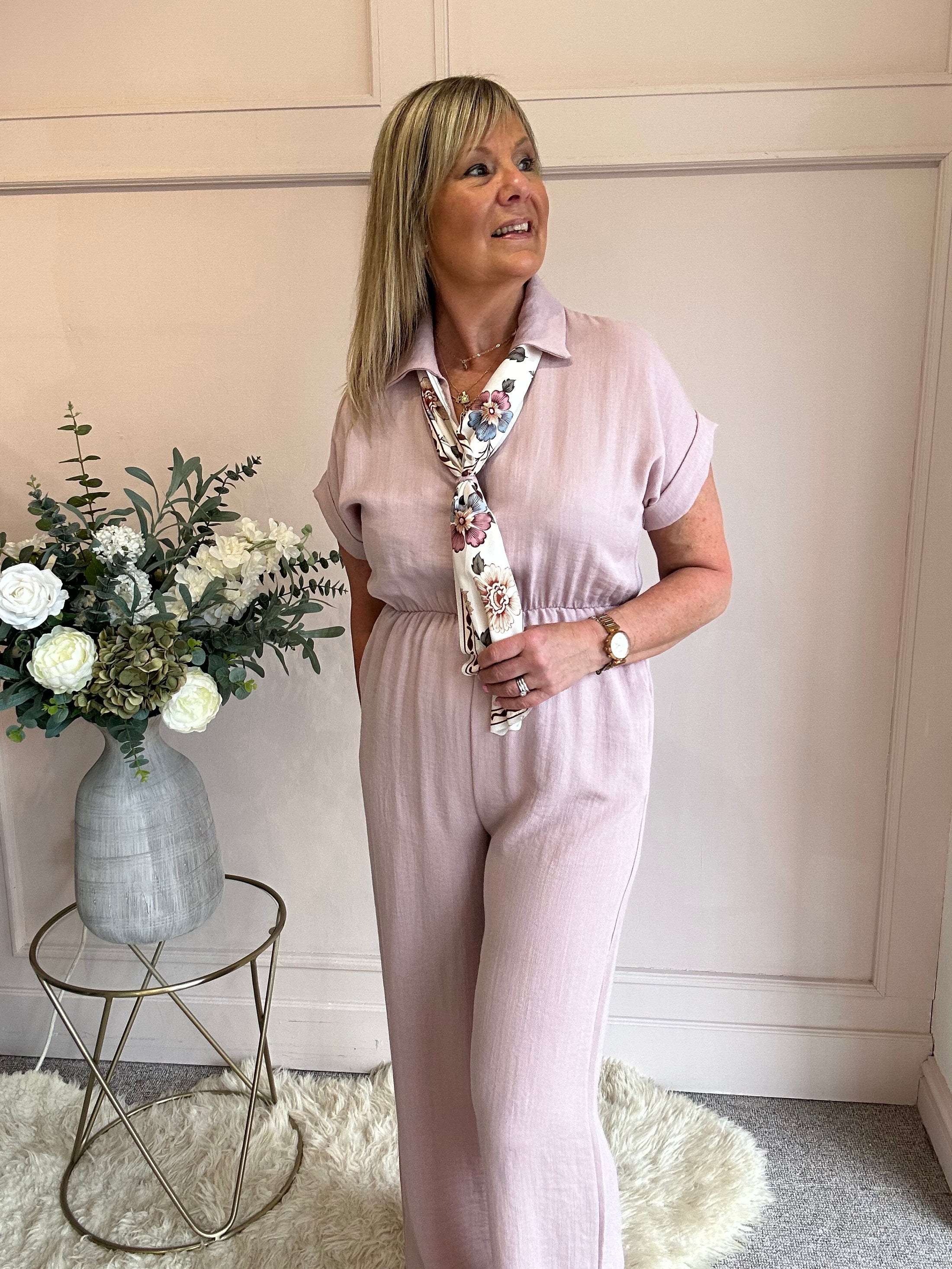 Collared With A Tie  Jumpsuit - Dusky Pink - Wardrobe By Simone