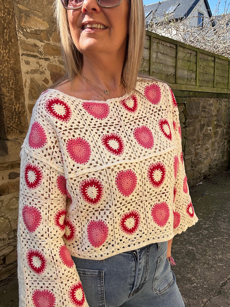 Crochet Spiral Detail Jumper - Cream/Pink
