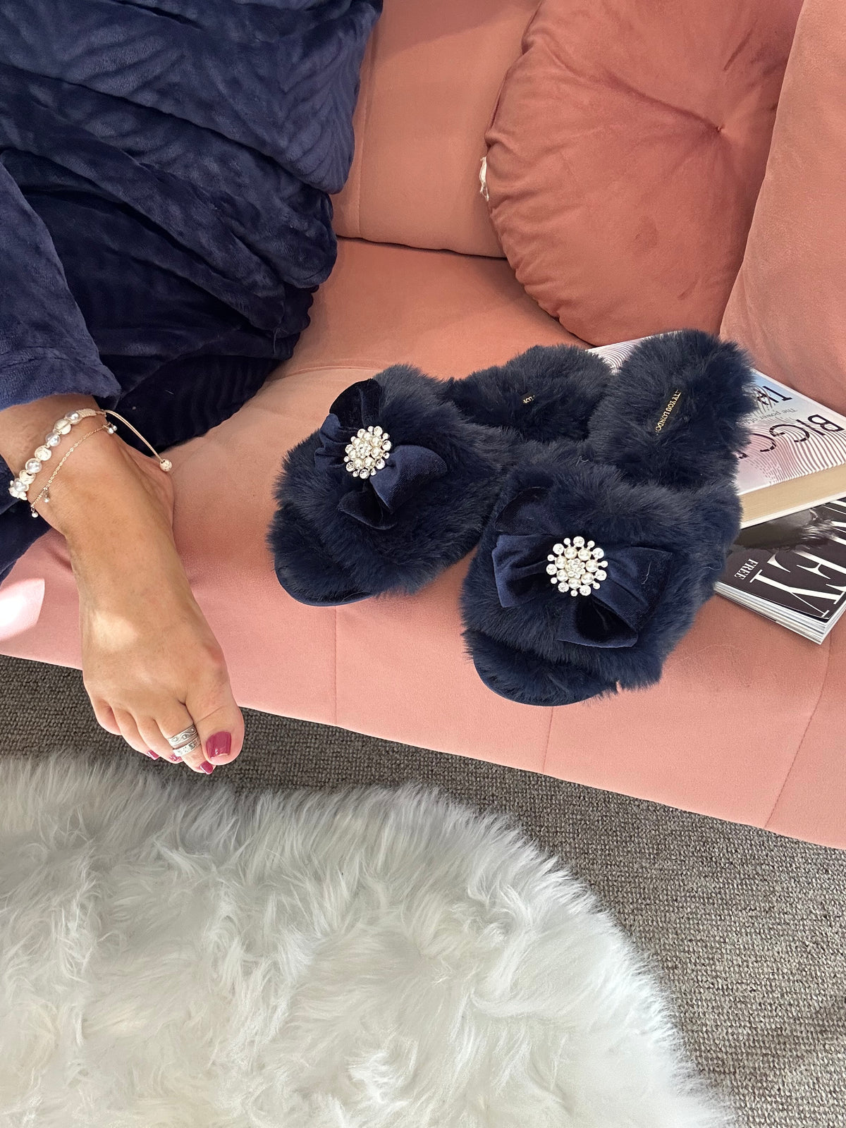 Bow & Pearl Cosy Slipper/Mule - Rich Navy
