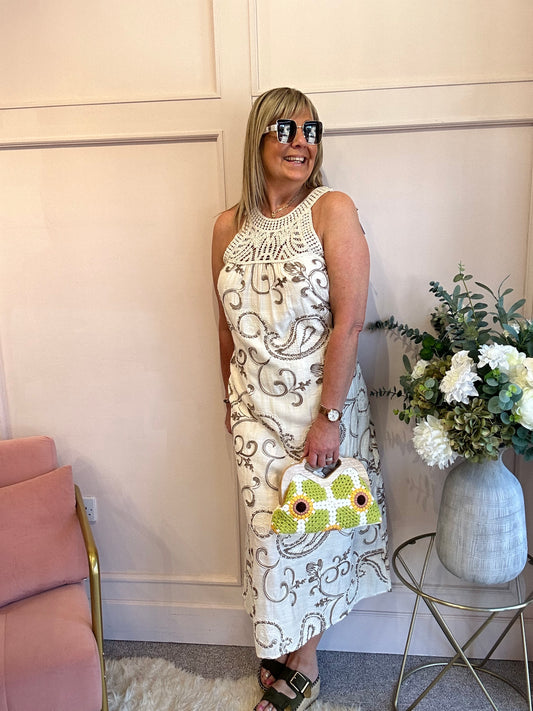 Paisley Halter Neck Maxi Dress - Cream/Coffee - Wardrobe By Simone