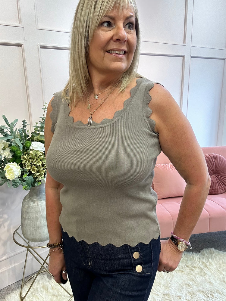 Scalloped Edged Vest Top - Taupe