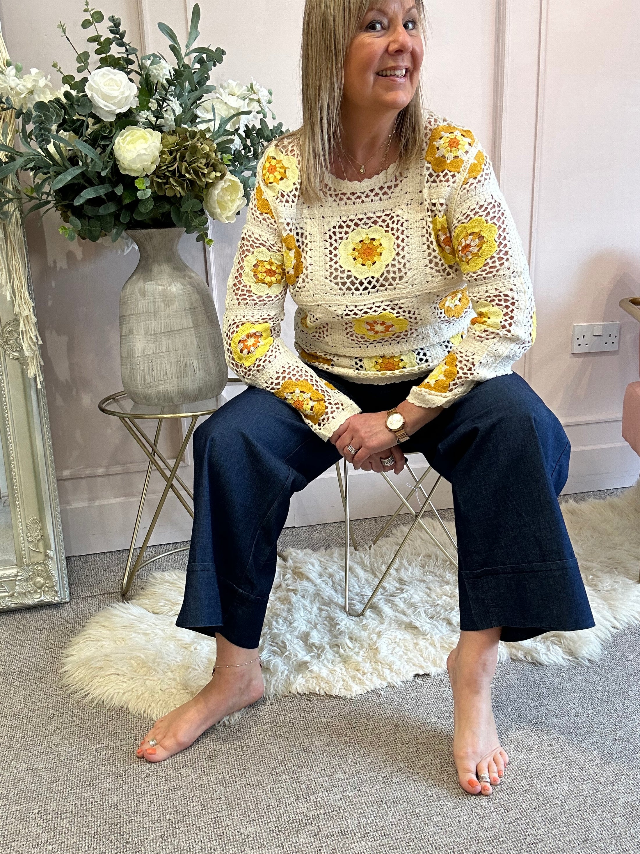 Crochet  Scallop Edge Jumper - Cream/Yellow - Wardrobe By Simone