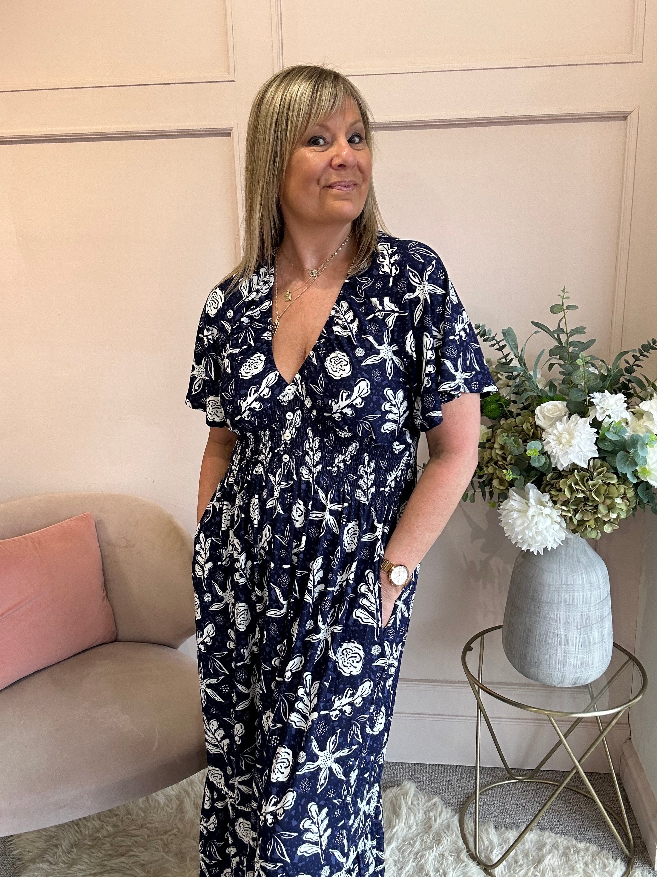 White Floral Maxi Dress - Navy/White - Wardrobe By Simone