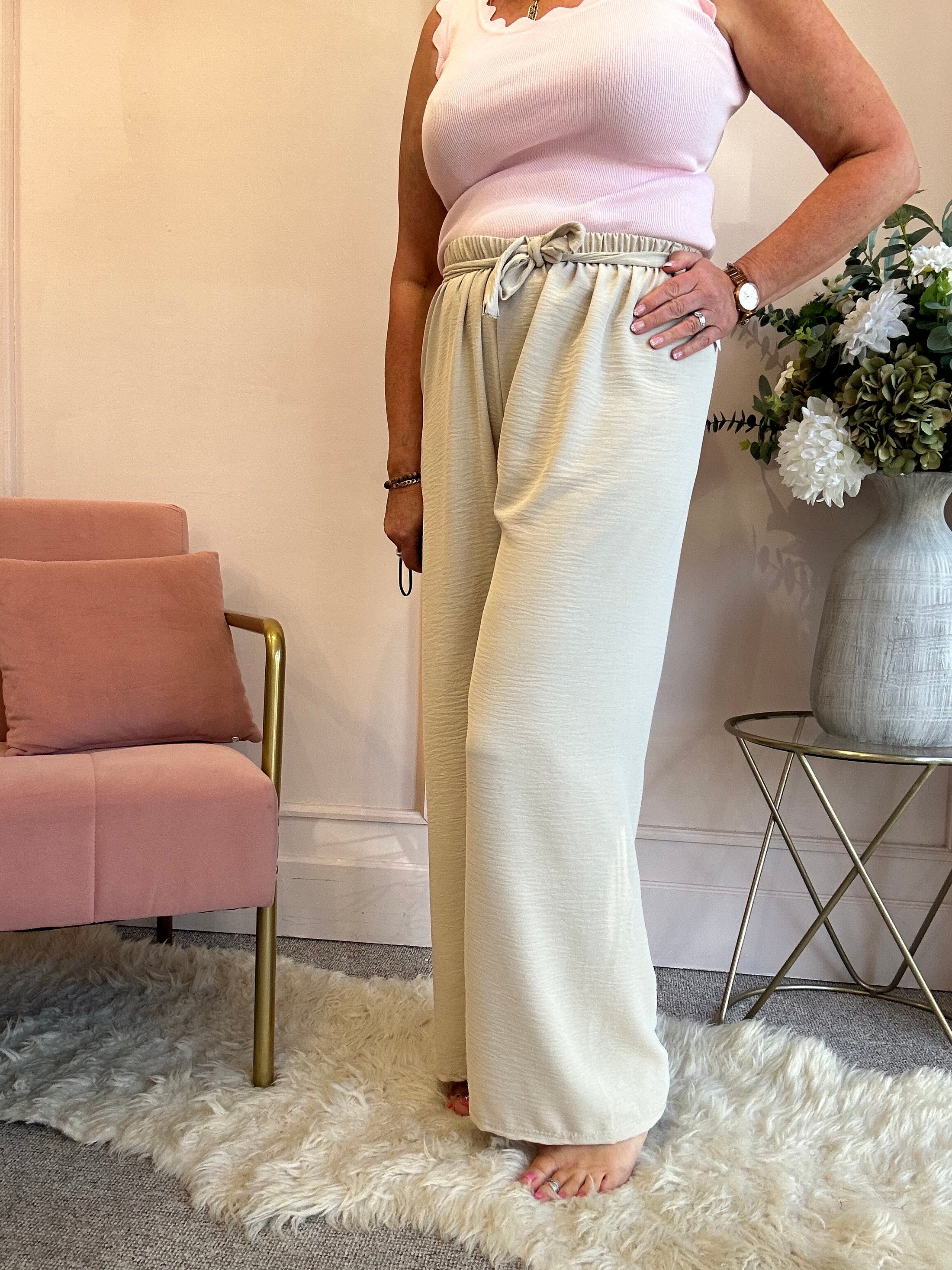 Tie Belt Wide Pant - Beige - Wardrobe By Simone