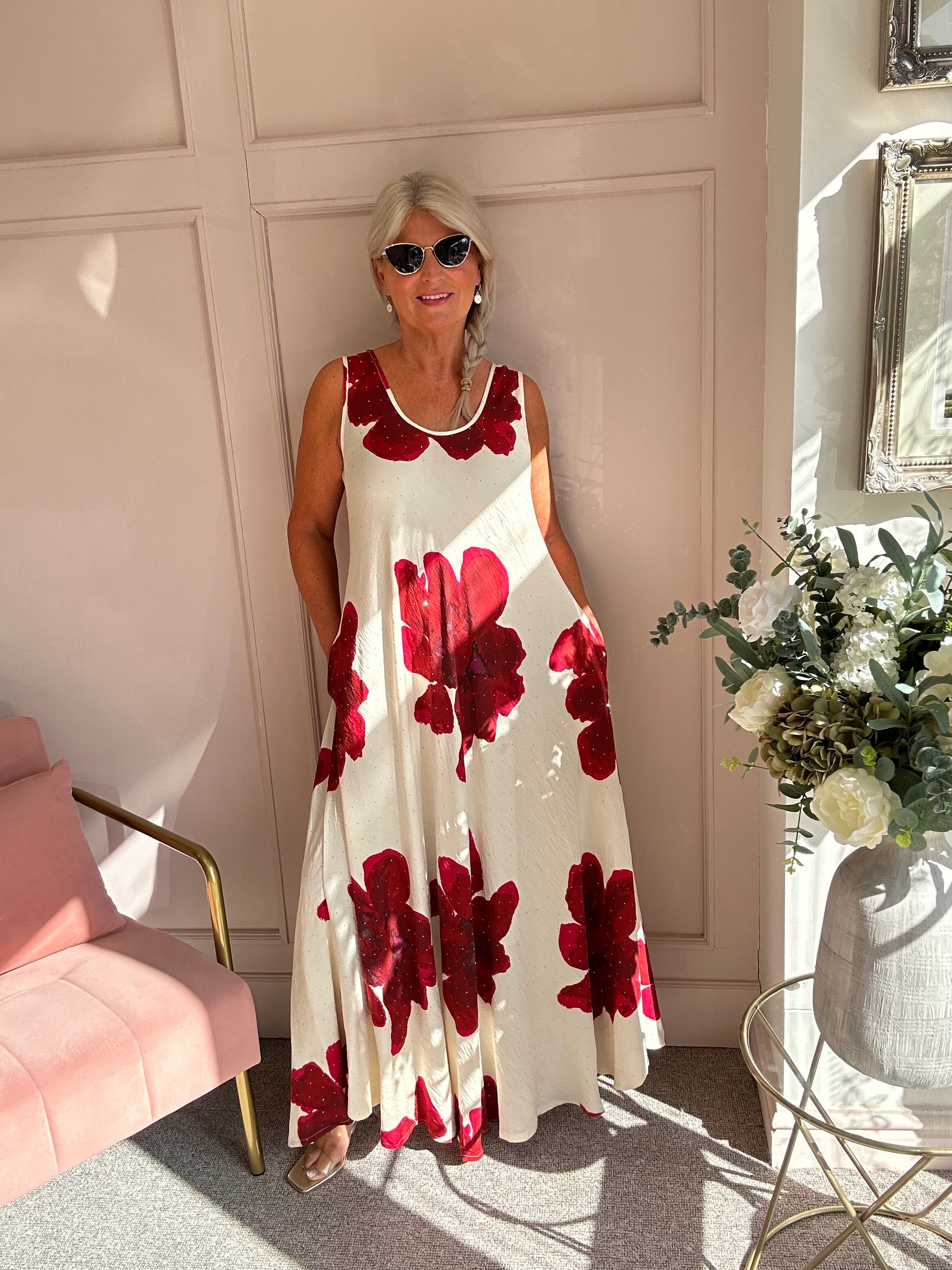 Bold Flower Maxi Sundress - Red/Cream - Wardrobe By Simone