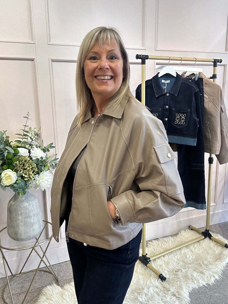 Faux Leather Collared Bomber Jacket - Taupe