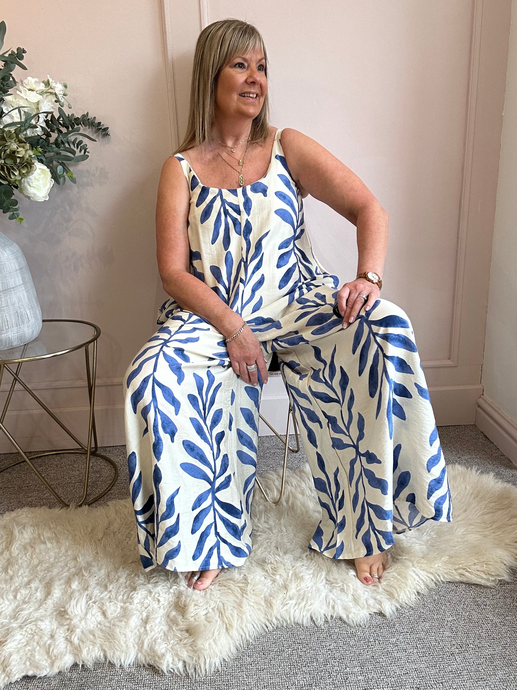Botanical Dungarees - Cream/Blue - Wardrobe By Simone