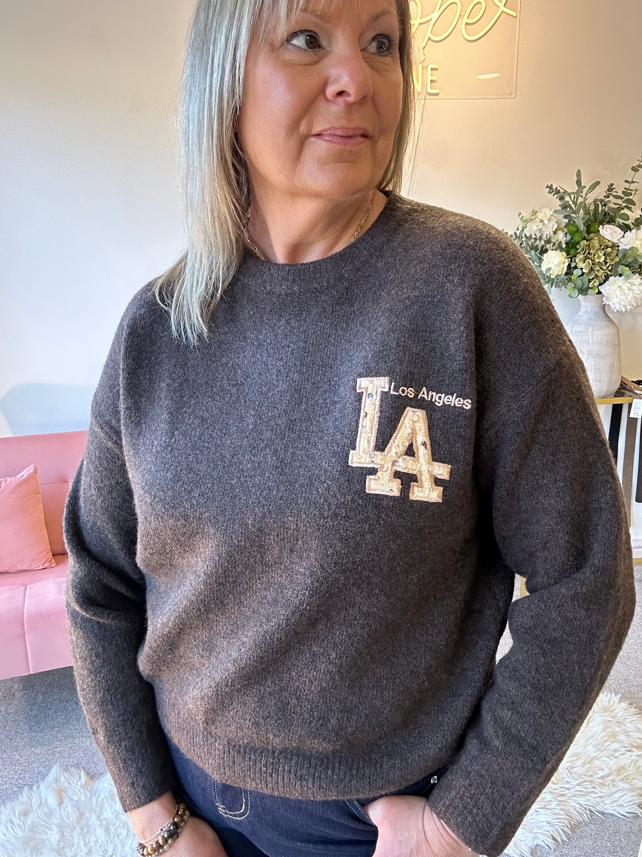 Sequin 'LA'  Detail Jumper -  Brown