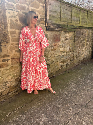 Flower Leaf Mix Maxi Dress - Coral/White