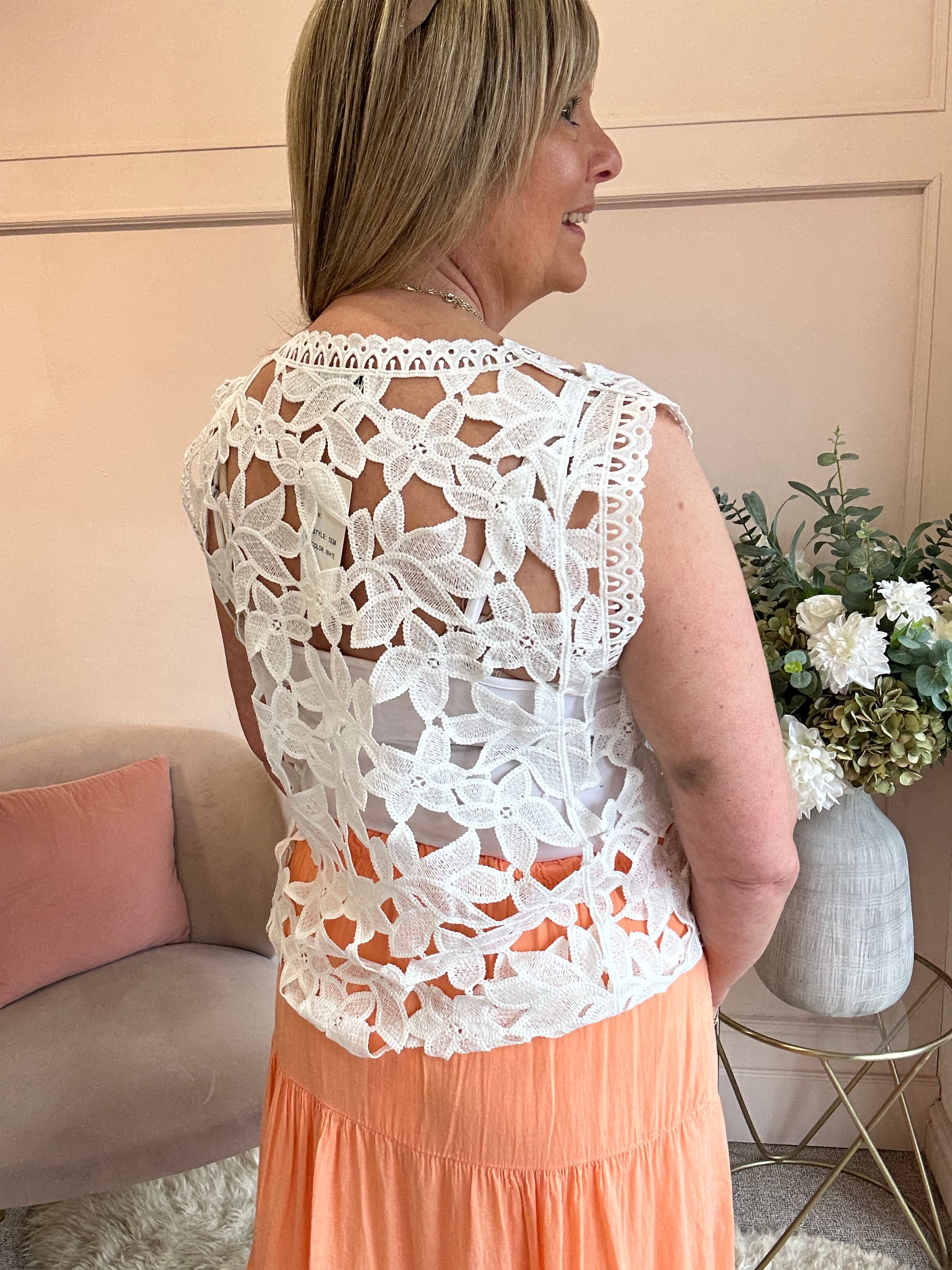 Open Lace Sleeveless Top  - White - Wardrobe By Simone