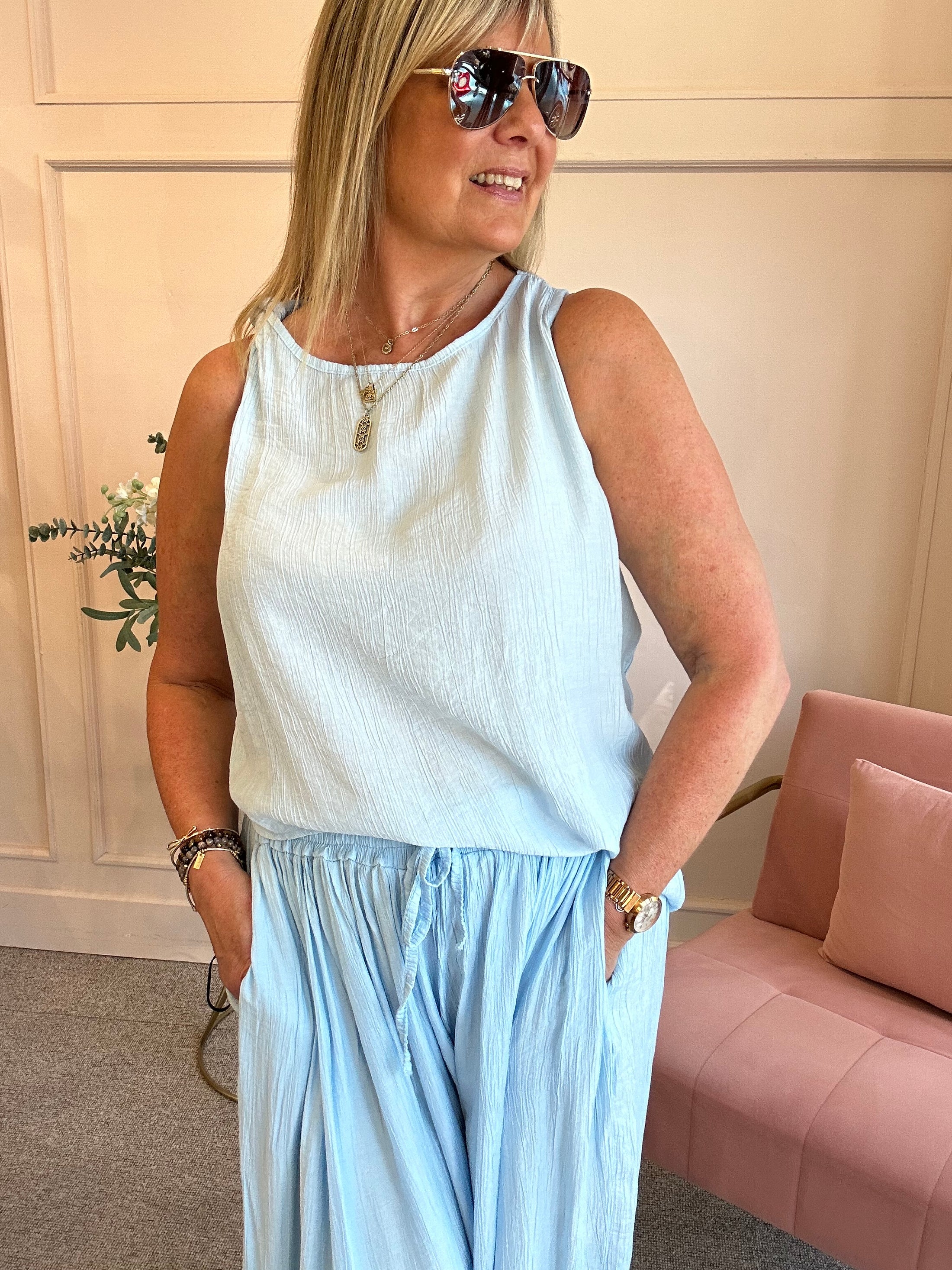Crinkle Asymmetric Vest Top - Pale Blue