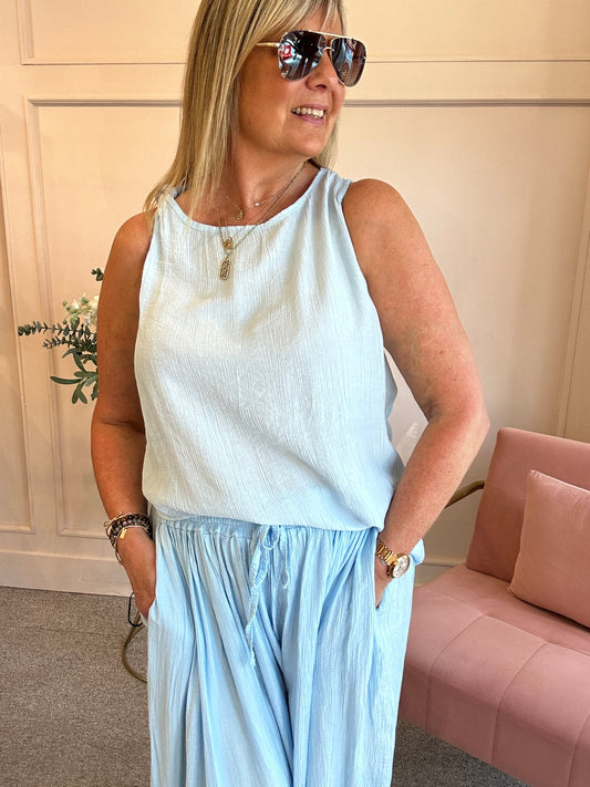 Crinkle Asymmetric Vest Top - Pale Blue - Wardrobe By Simone