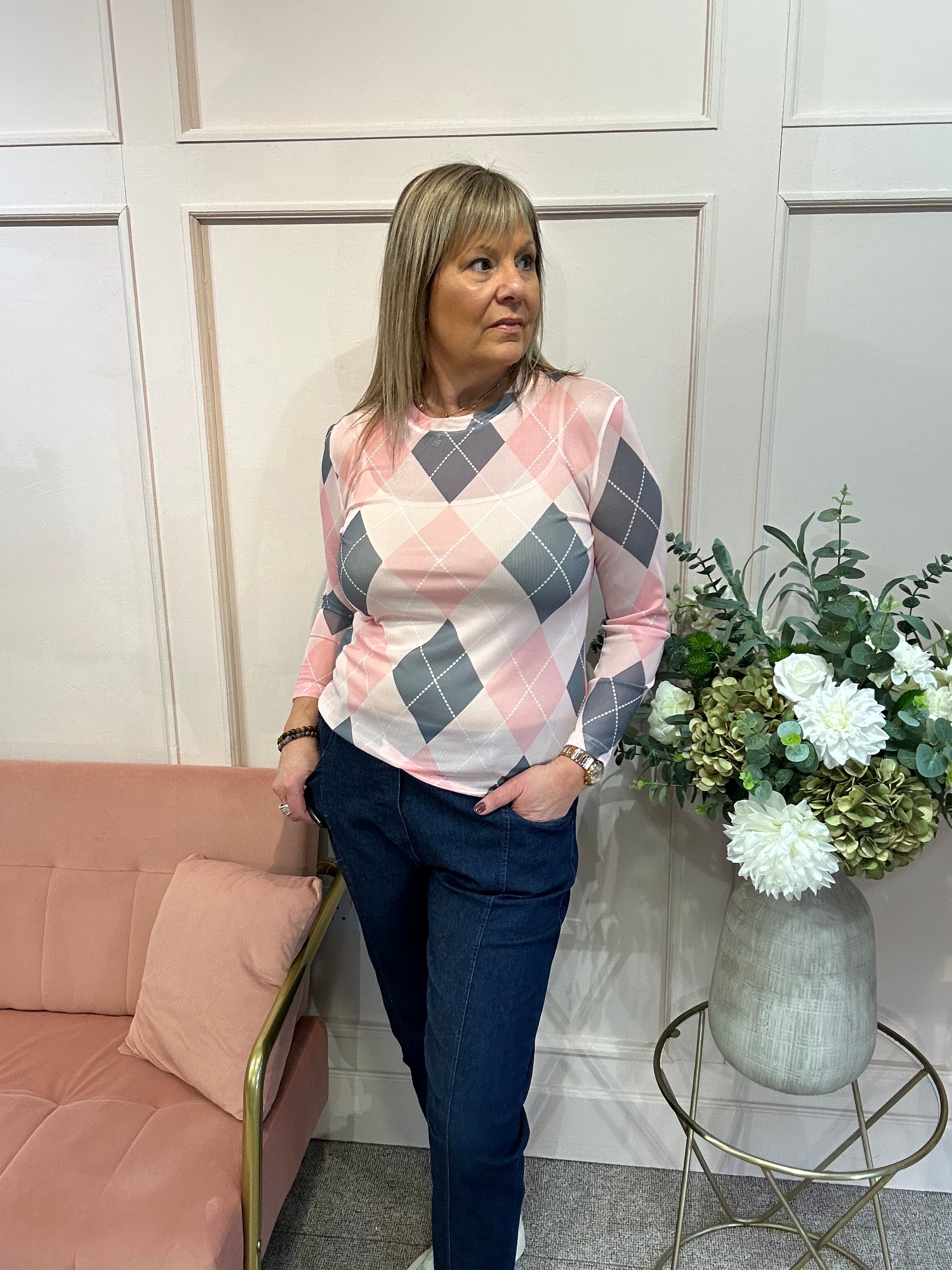 Diamond Shapes Mesh Top - Pink/Grey - Wardrobe By Simone