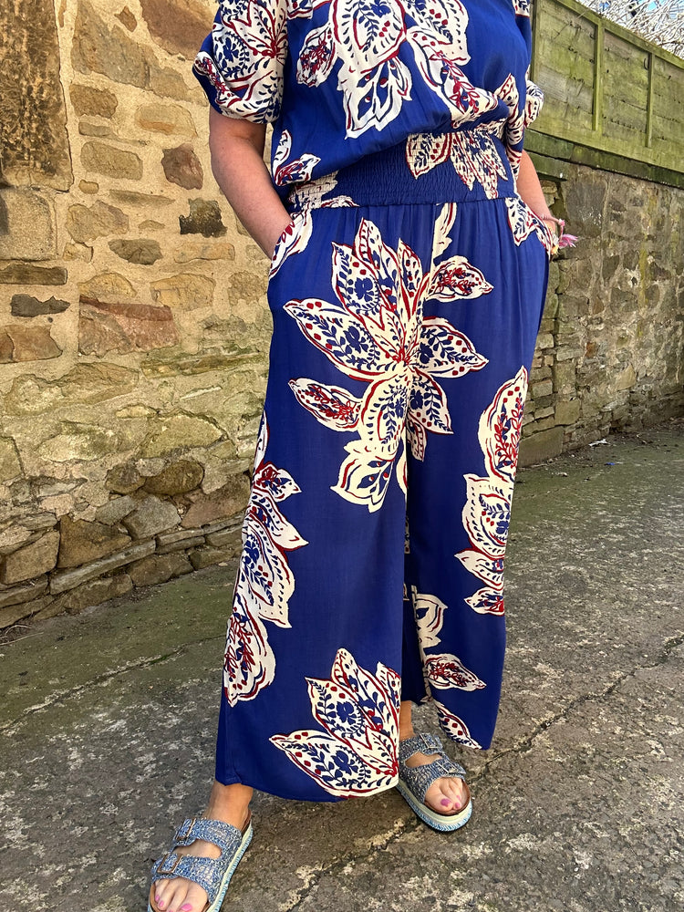 Aztec Flower Wide Pant - Electric Blue/Cream