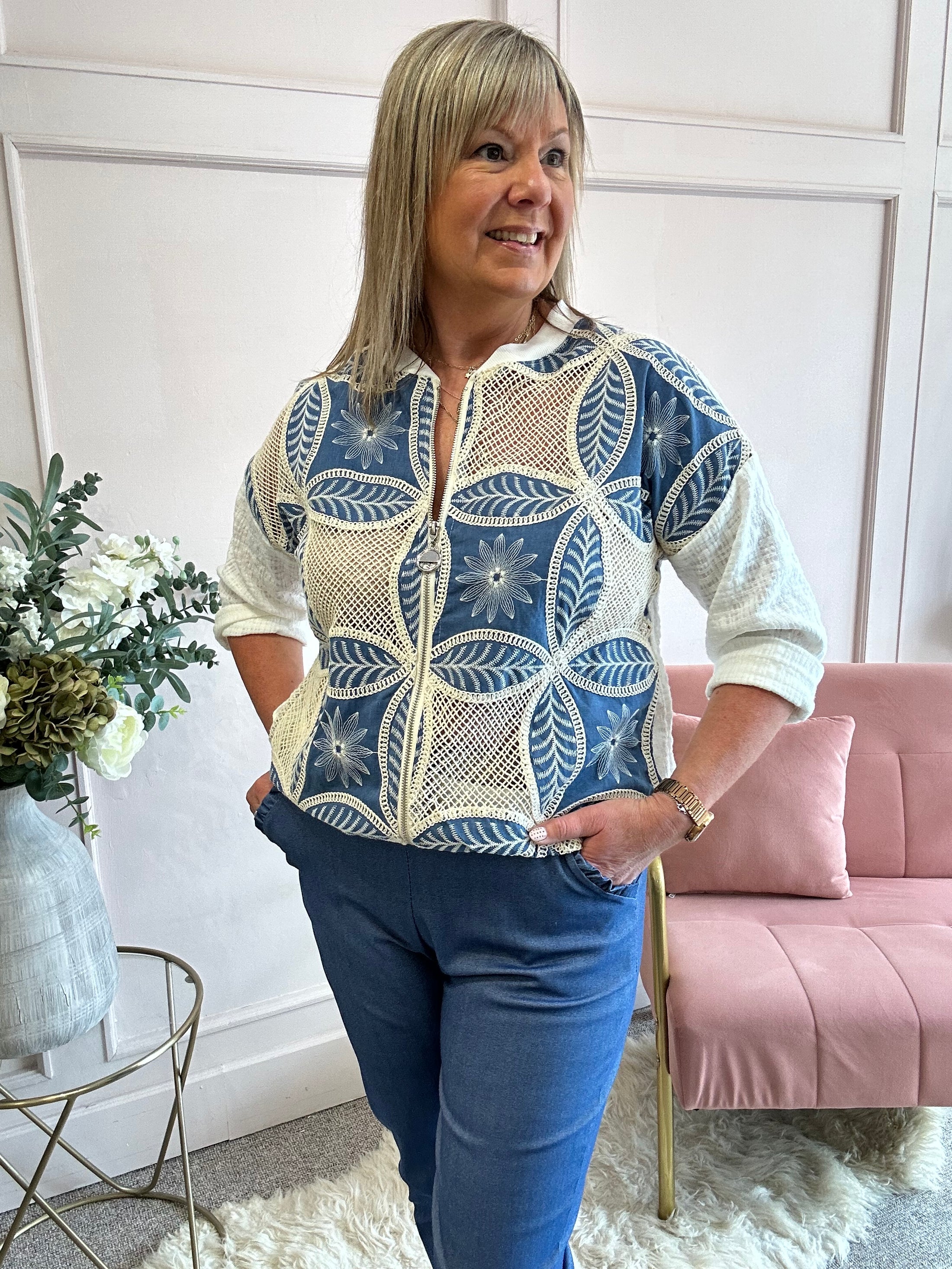 Textured Zipped Top - Cream/Blue - Wardrobe By Simone