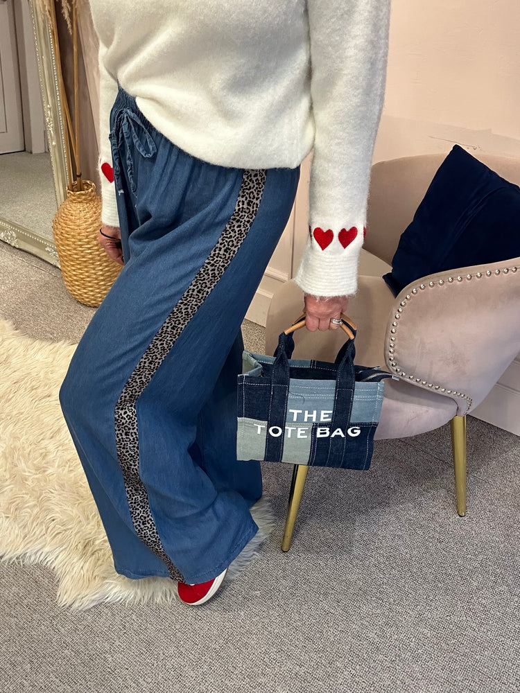Blue Wide Leopard Stripe Side Jeans- Blue - Wardrobe By Simone