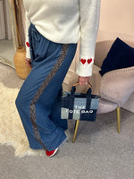 Blue Wide Leopard Stripe Side Jeans- Blue - Wardrobe By Simone