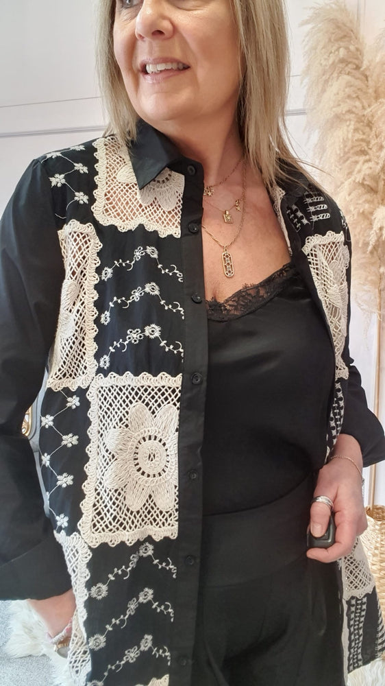 Embroidered Panel Front Detail Shirt - Black