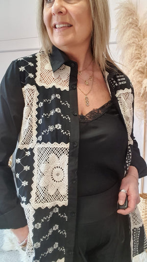 Embroidered Panel Front Detail Shirt - Black