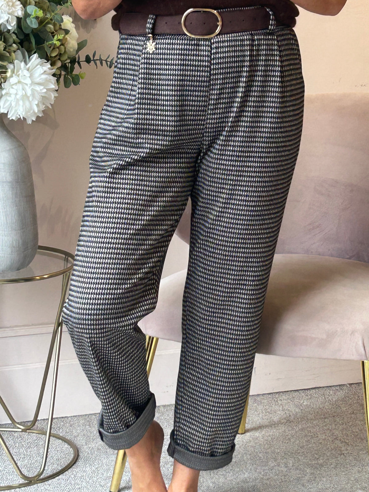 Belted Checked Pant - Black/Beige