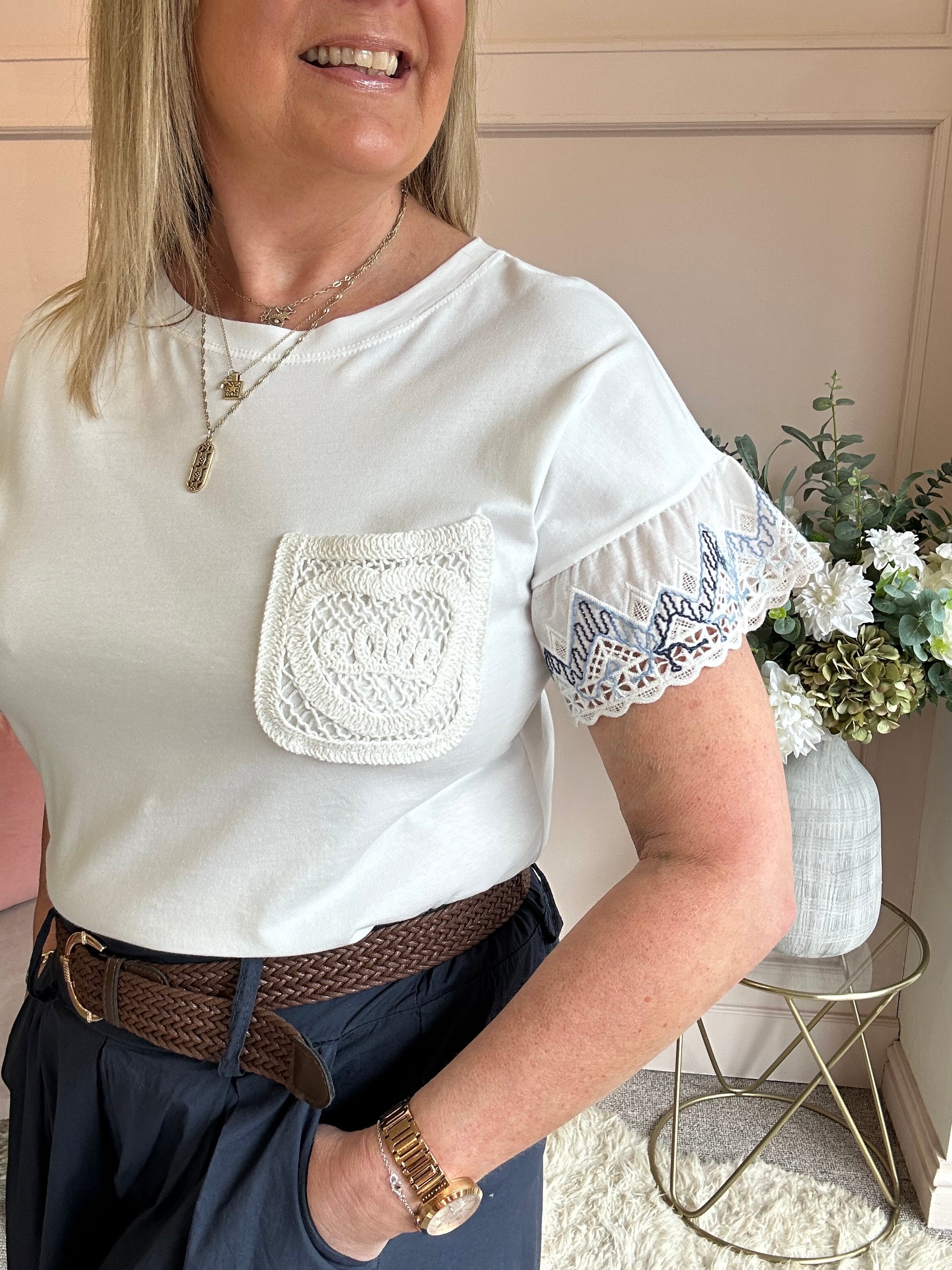 Embroidery & Crochet T Shirt  - White/Blue - Wardrobe By Simone
