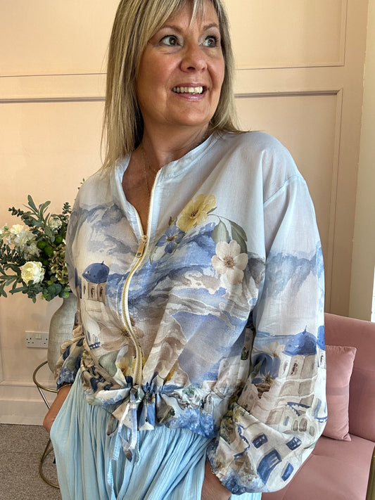 Santorini In Bloom Zip Jacket - Ice Blue/Blue - Wardrobe By Simone